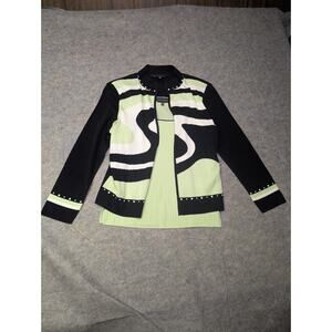 Ming Wang Green Black Pattern Tank And Open Cardigan Set Retro Preppy XS/PS